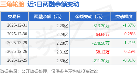 三角輪胎：12月31日融資買入238.8萬元，融資融券餘額2.26億元